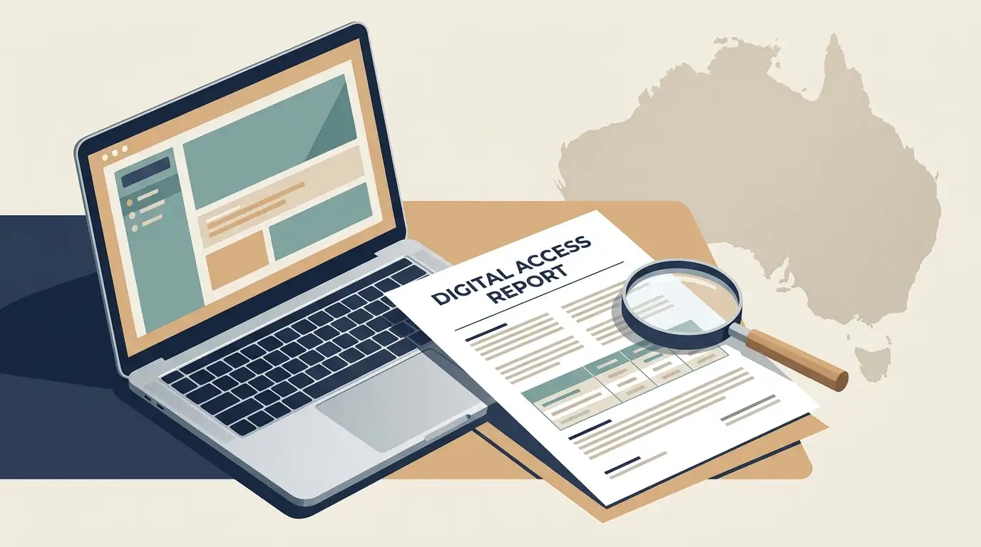 Australian online gambling regulation shown with a laptop, legal document and map of Australia