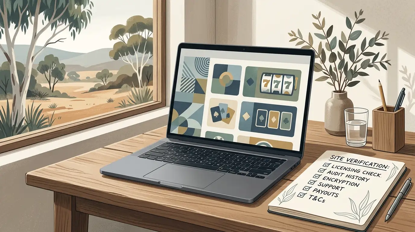 Australian online casino regulation shown with a laptop, legal documents and player decision points